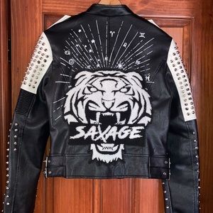 Azalea Wang for AKIRA : SAVAGE tiger faux leather Moto jacket : studs & zippers